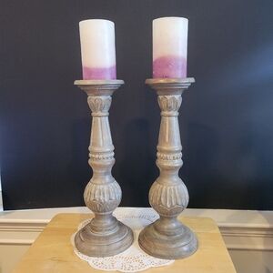 Pier 1 Wooden Candle Holders with Purple and White Candles